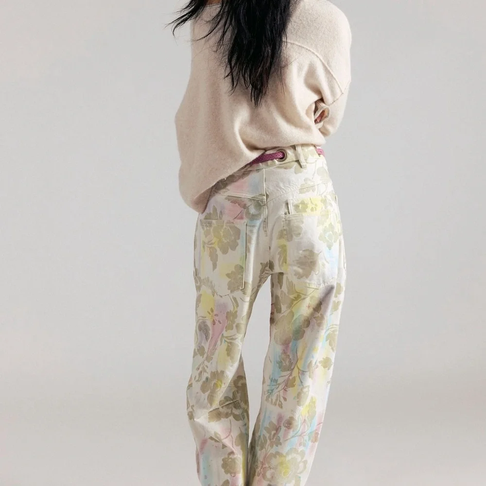 NWT We The Free People Moxie Printed Floral Flocked Barrel Jeans Size 27 w/ Belt - Picture 4 of 13